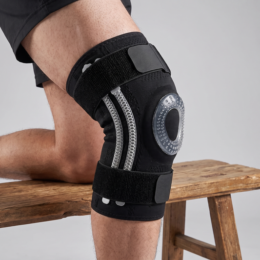 Vivenlo knee brace worn on the knee, close-up of the hinged support