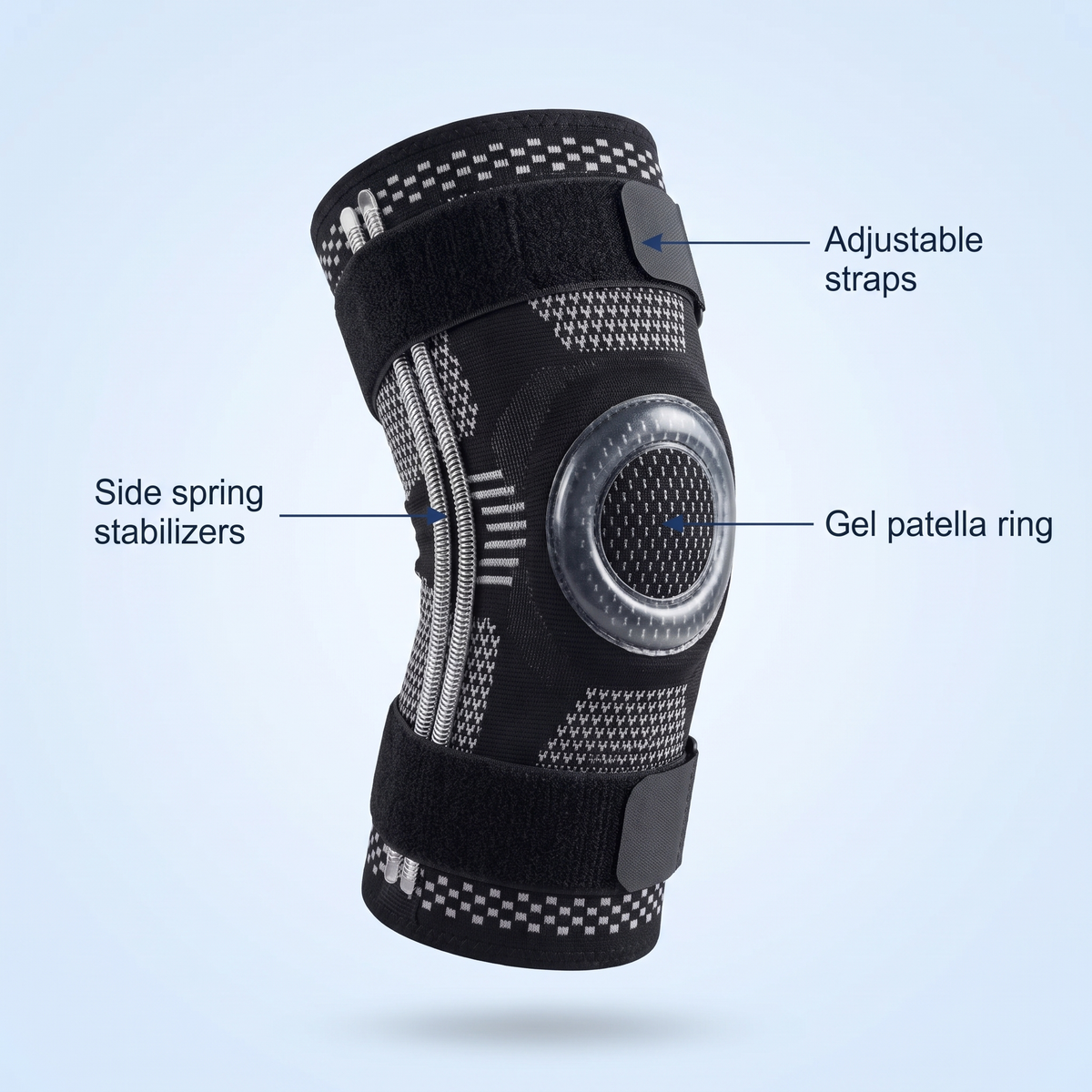 How the Vivenlo knee brace works: side hinges, compression sleeve and patella gel pad